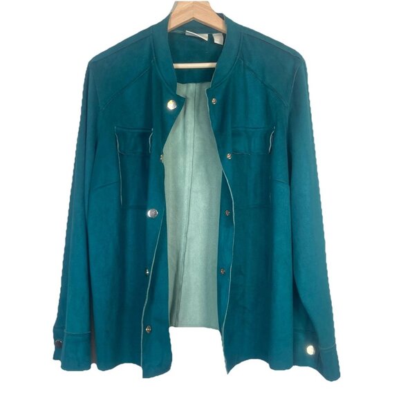 Chicos Vegan Faux Suede Jacket Womens 2 Teal/turquoise Long Sleeve Snap closure - Picture 1 of 9